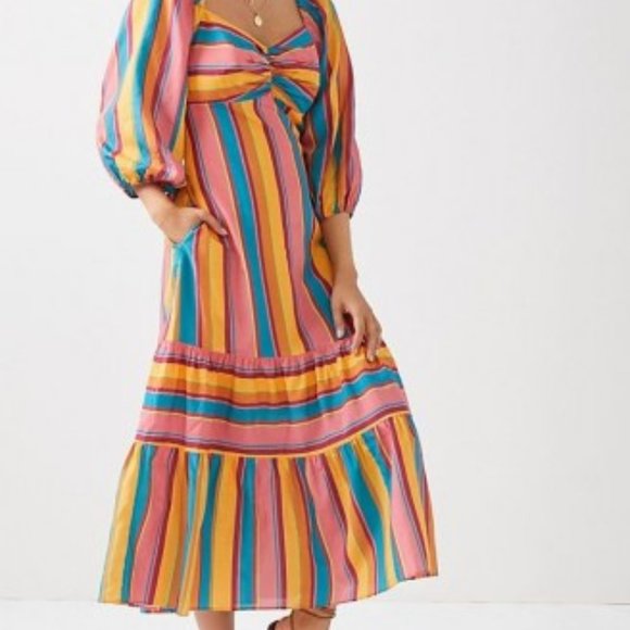 Anthropologie Dresses & Skirts - Farm Rio Rainbow Stripe Tiered Midi Dress - M
